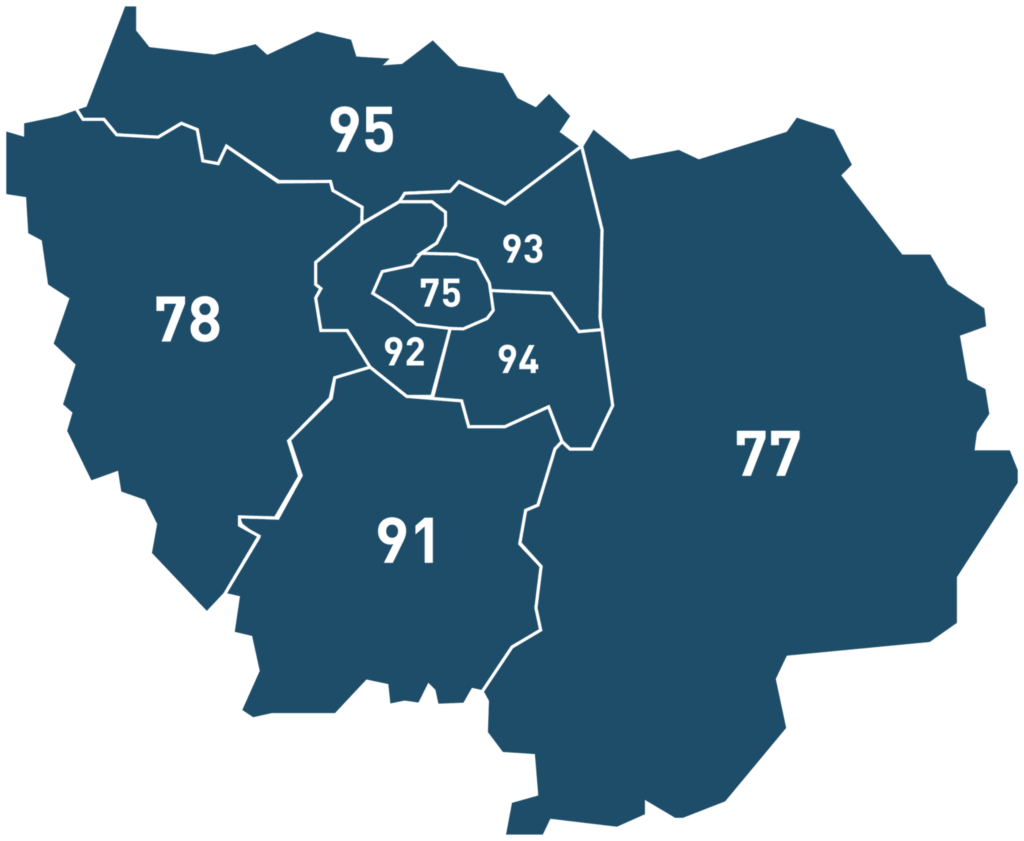 Carte de l'Île-de-France avec les départements où intervient Excel Rénovation