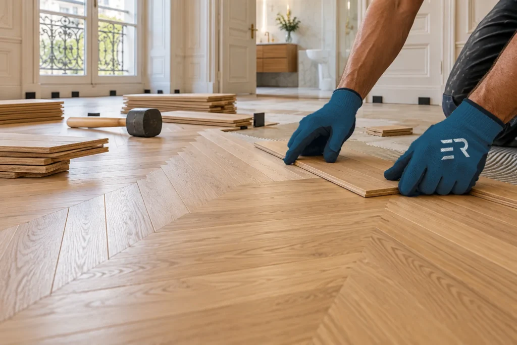 Illustration : pose d’un parquet en point de Hongrie par un artisan en gants, dans un appartement haussmannien