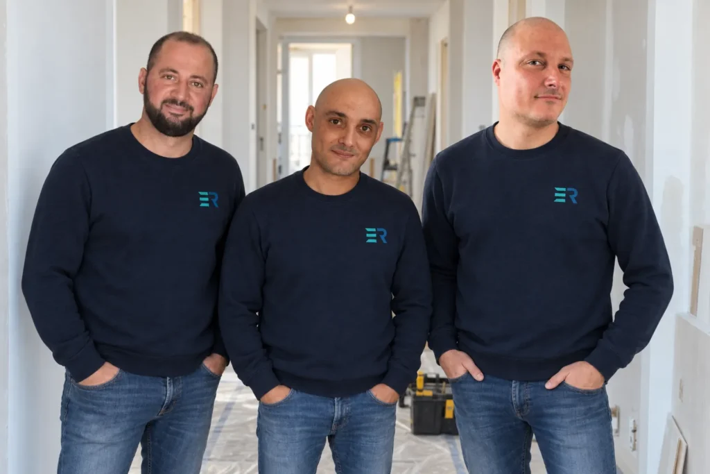L'équipe d'Excel Rénovation : Aly, Jonathan et Ludovic, sur un chantier